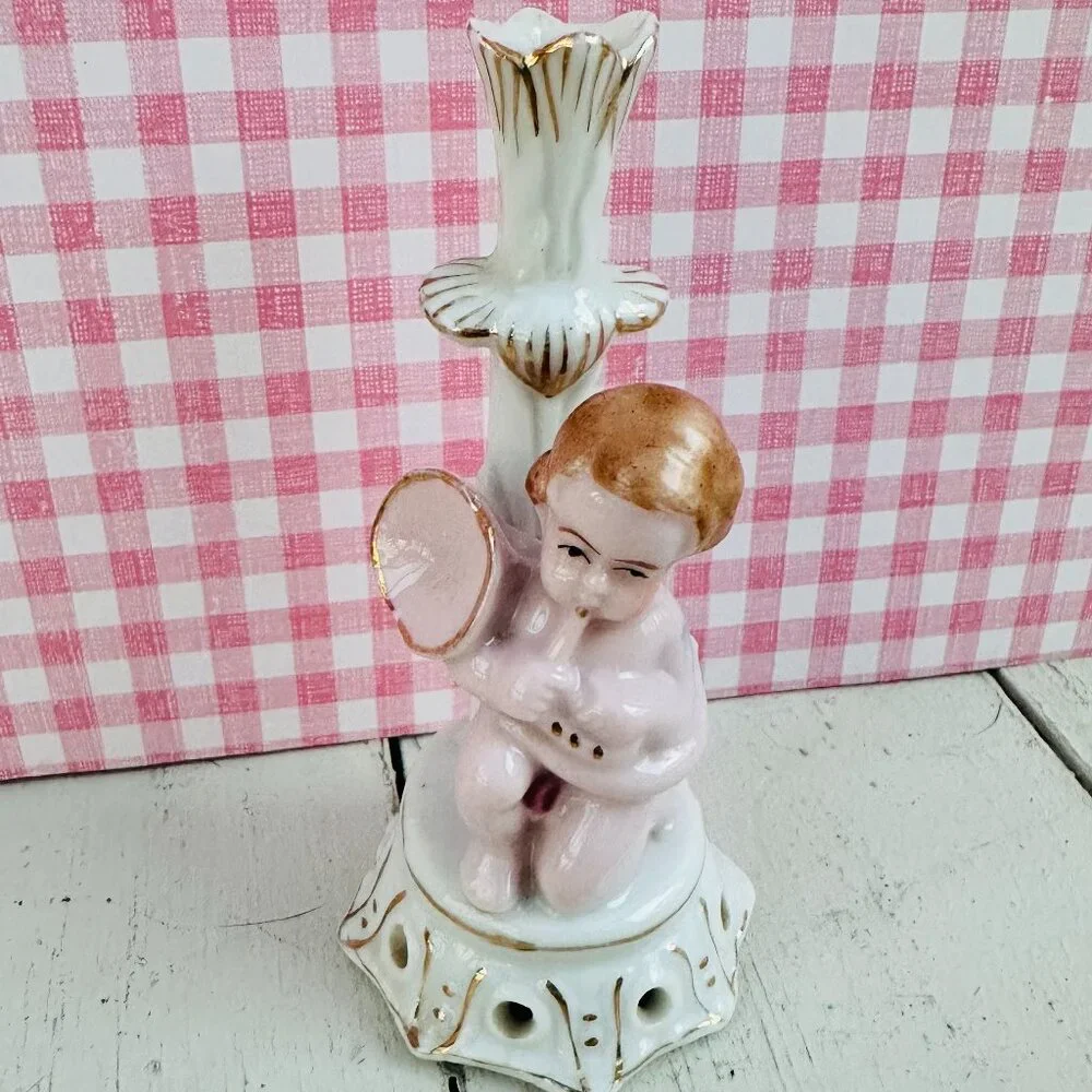 Vintage Japan Cherub Bud Vase Angel Figurine Pink Porcelain Rosebud Vase